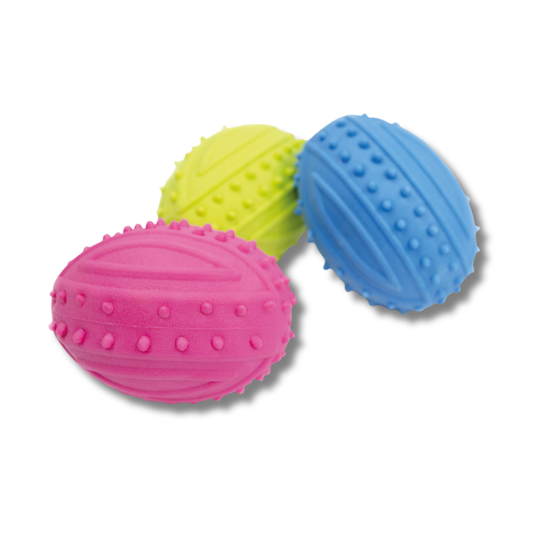TINNY CHUMS BALON RUGBY DE CAUCHO CON SONIDO VARIOS COLORES 9.5cm by SHARPAW