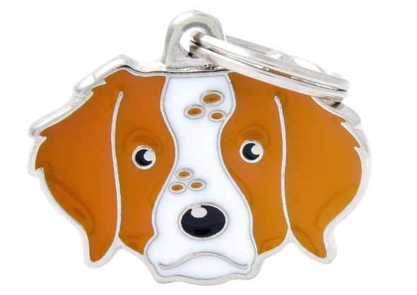 PLACA DE IDENTIFICACIÓN EN FORMA DE PERRO SPANIEL BRETÓN, GRABADO INCLUIDO