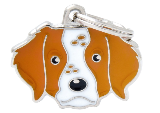 PLACA DE IDENTIFICACIÓN EN FORMA DE PERRO SPANIEL BRETÓN, GRABADO INCLUIDO