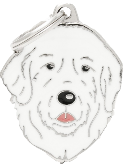 PLACA DE IDENTIFICACIÓN EN FORMA DE PERRO PATOU, GRABADO INCLUIDO