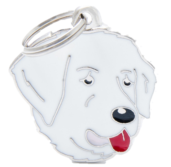 PLACA DE IDENTIFICACIÓN EN FORMA DE PERRO PASTOR DE MAREMMA, GRABADO INCLUIDO