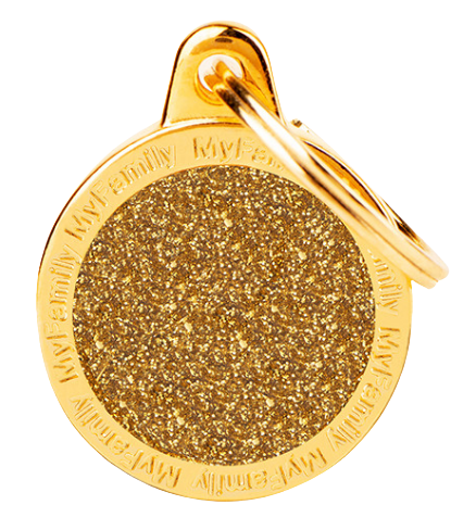 Placa De Identificación Dorada En Forma Circular Con Brillantina, Grabado Incluido