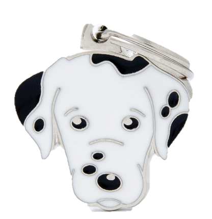 PLACA DE IDENTIFICACIÓN EN FORMA DE PERRO DALMATA, GRABADO INCLUIDO
