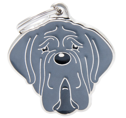 PLACA DE IDENTIFICACIÓN EN FORMA DE PERRO MASTÍN NAPOLITANO, GRABADO INCLUIDO