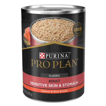 ALIMENTO HÚMEDO EN LATA PRO PLAN CLASSIC SENSITIVE SKIN & STOMACH PARA PERROS ADULTOS DE PIEL Y ESTOMAGO SENSIBLES RECETA SALMÓN Y ARROZ 368 GR