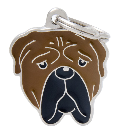 PLACA DE IDENTIFICACIÓN EN FORMA DE PERRO BULLMASTIFF,  GRABADO INCLUIDO