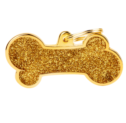 Placa De Identificación Dorada En Forma De Hueso Con Brillantina, Grabado Incluido