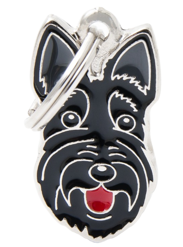 PLACA DE IDENTIFICACIÓN EN FORMA DE PERRO TERRIER ESCOCÉS, GRABADO INCLUIDO