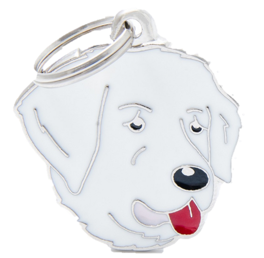 PLACA DE IDENTIFICACIÓN EN FORMA DE PERRO PASTOR DE MAREMMA, GRABADO INCLUIDO