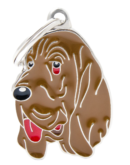 PLACA DE IDENTIFICACIÓN EN FORMA DE PERRO SAN HUBERTO, GRABADO INCLUIDO